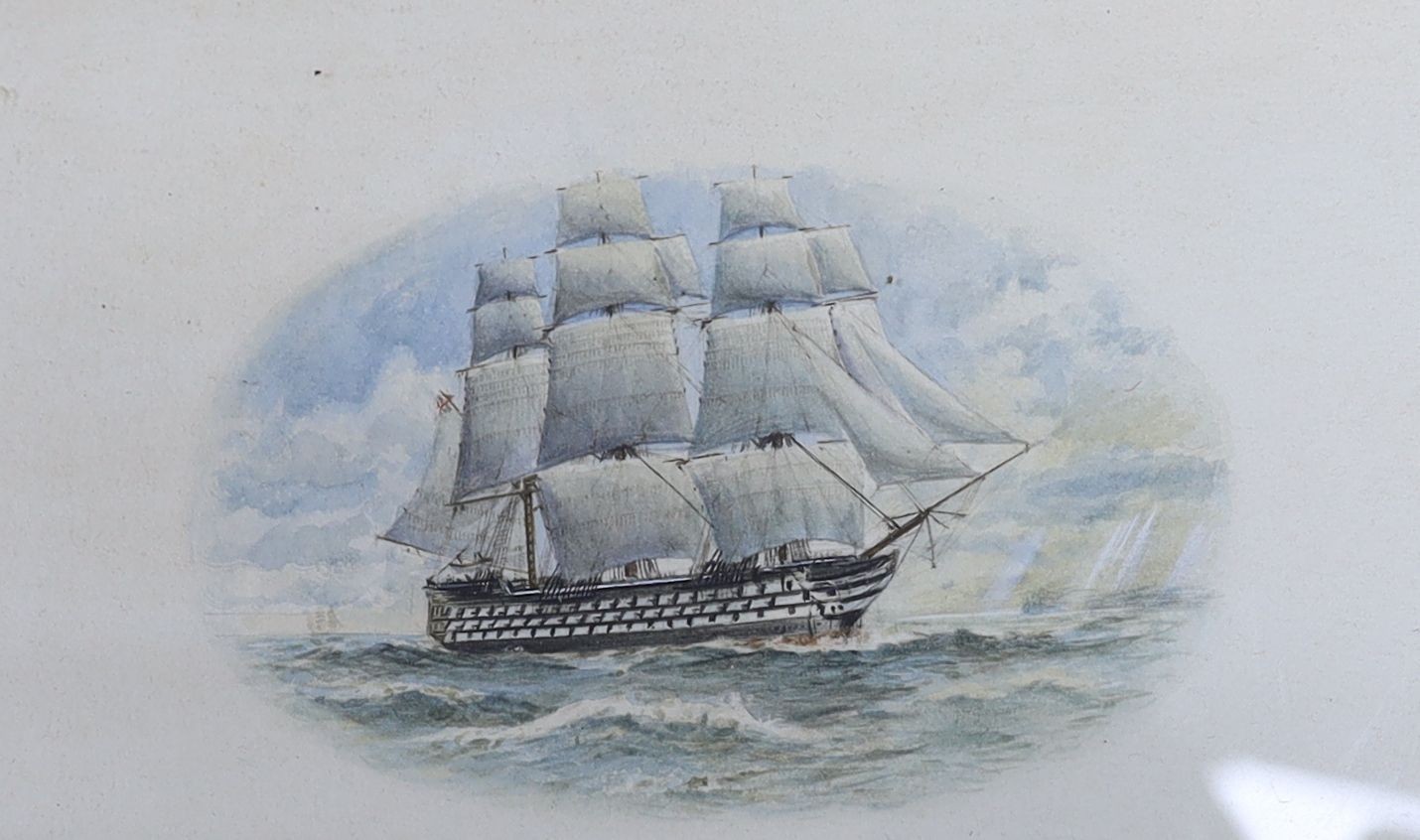 A small collection of Marine pictures including watercolour vignettes of an 18th century warship and earlier 20th century gun boat, 14 x 21cm, an early 19th century naieve watercolour of a frigate, two engravings and fou